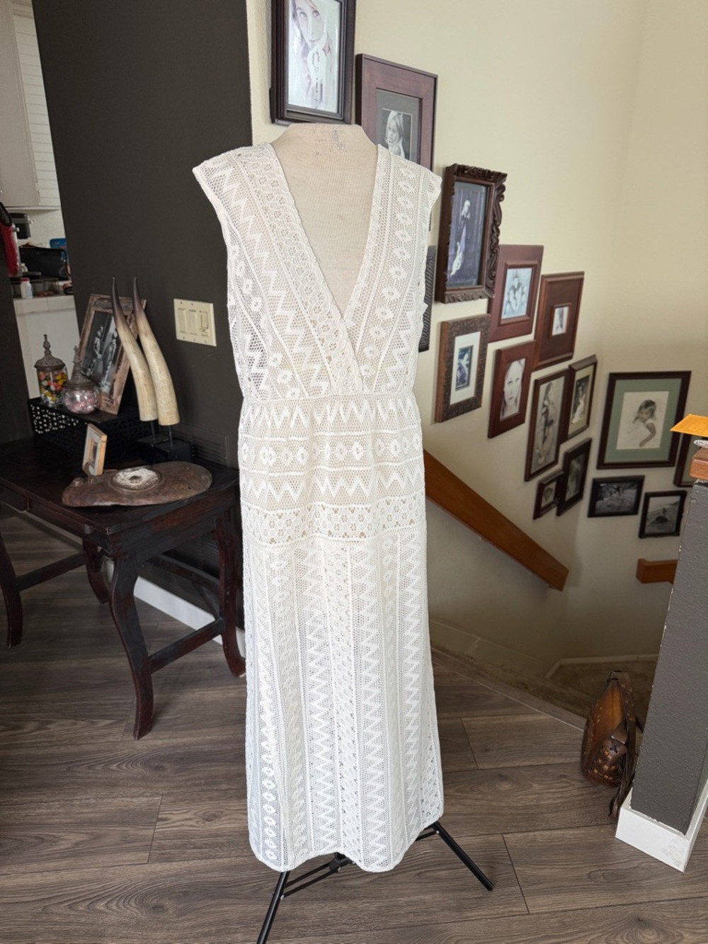 Womens White Crochet Maxi Dress - Deep V - Picture 2 of 8